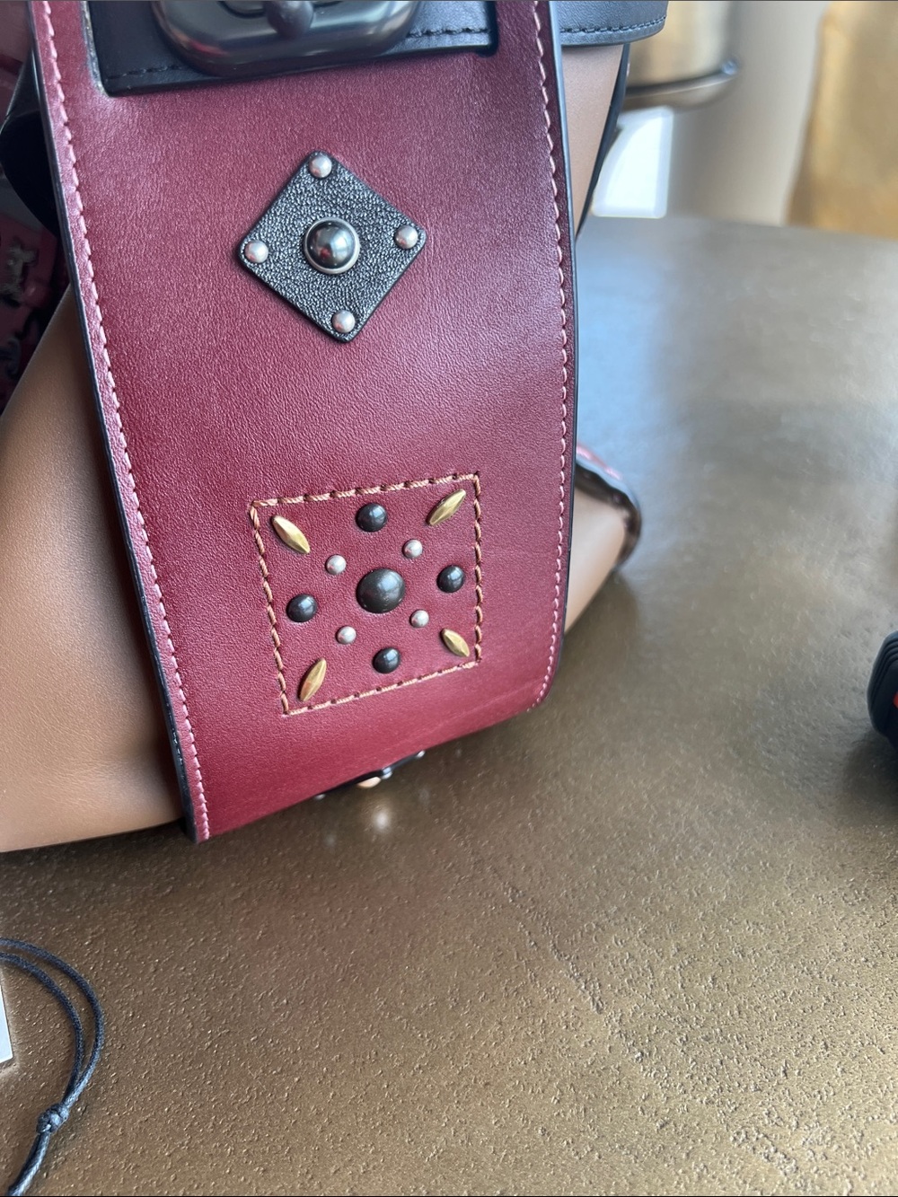 COACH Burgundy Leather Studded Satchel with Multicolor Accent Studs View 6